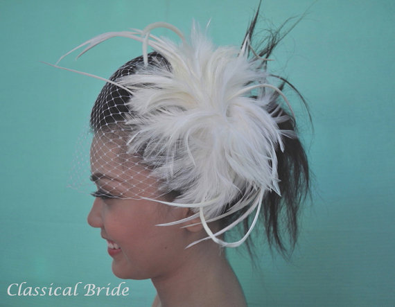 Wedding - Bandeau 804 -- VEIL SET w/ Feather Fascinator Hair Clip & Ivory or White 9" Birdcage Blusher Veil for bridal wedding