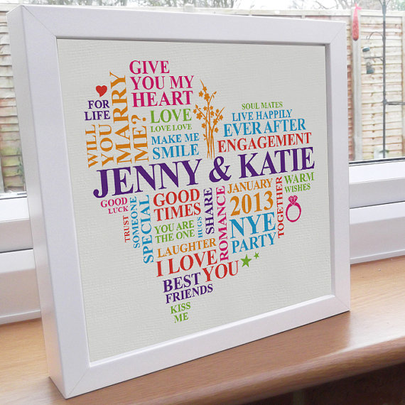 Hochzeit - Framed Print. Gay engagement gift. Personalised word art picture. Unique present. Rainbow pride.