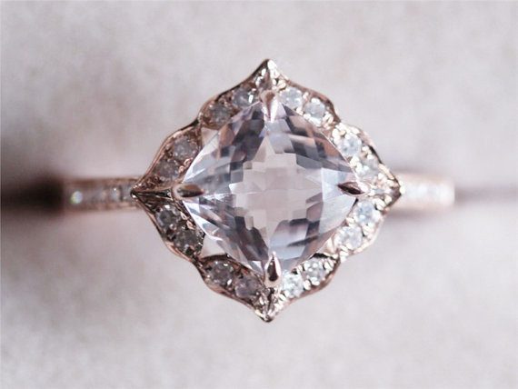 زفاف - VS 7mm Morganite Ring Cushion 14K Rose Gold Morganite Wedding Ring Diamond Engagement Ring Anniversary Ring Gemstone Ring