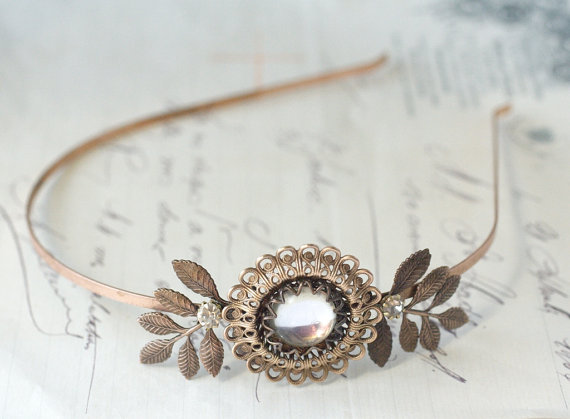 Hochzeit - Copper crystal jewel headband bridal art nouveau wedding head piece vintage style
