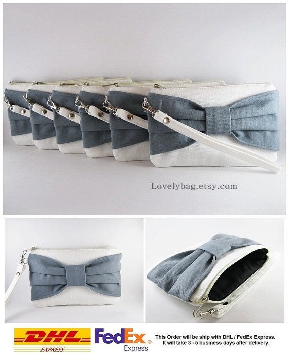 Wedding - Set of 6 Wedding Clutches, Bridesmaids Clutches / Ivory with Gray Bow Clutches - Personalized Monogram Zipper Pull - MADE TO ORDER
