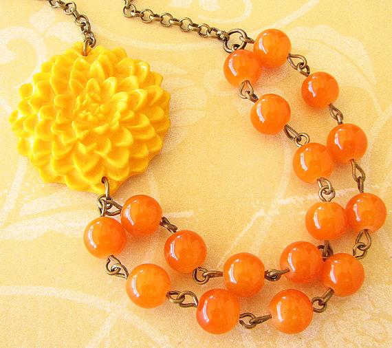 Mariage - Flower Necklace Orange Jewelry Yellow Necklace Bridesmaid Jewelry Orange Necklace Double Strand Beadwork