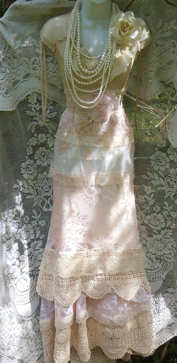 Wedding - Blush wedding dress lace crochet mermaid flapper edwardian  vintage  bride   romantic small medium by vintage opulence on Etsy