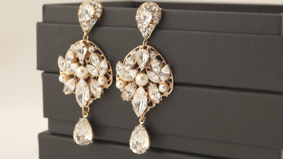 زفاف - Bridal earrings -Rose gold dangle earrings-Wedding earrings-Rose gold art deco rhinestone Swaroski crystal  earrings - Wedding jewelry