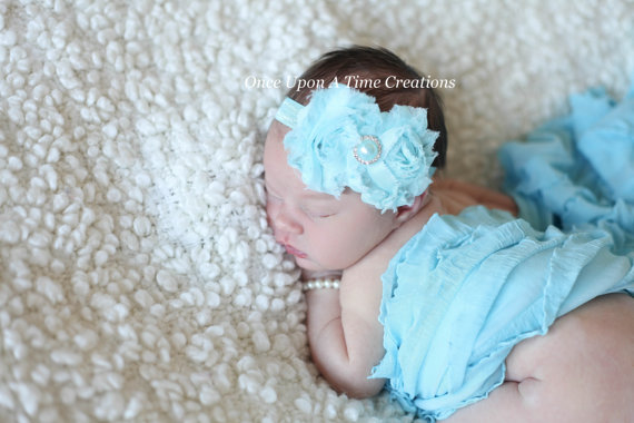 Wedding - Aqua Blue Pearl Shabby Chic Rose Headband - Newborn Hairbow - Baby Girl Bow - Spring Hairbow Collection - Aqua Turquoise Photo Prop