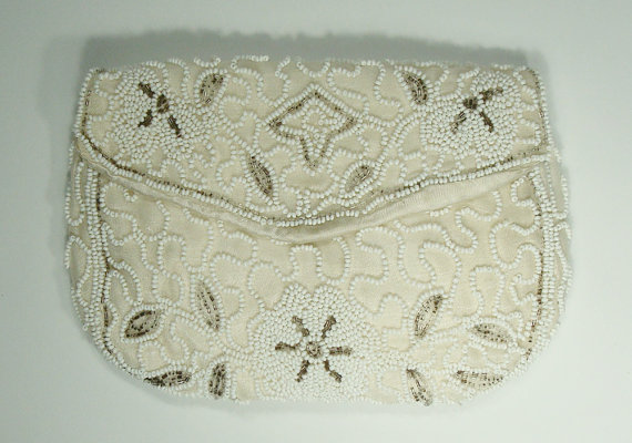 Свадьба - Vintage White & Gunmetal Glass Beaded Clutch Purse - Wedding Lingiere Bag - Satin Clutch Purse - Bridal Purse - Glass Seed Beads