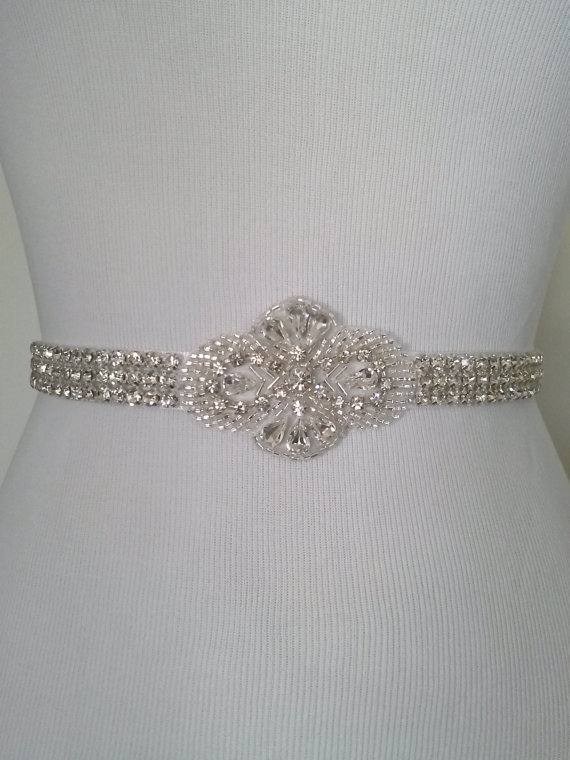 Hochzeit - MILA Narrow Crystal Bridal Sash, Wedding Gown Beaded Belt