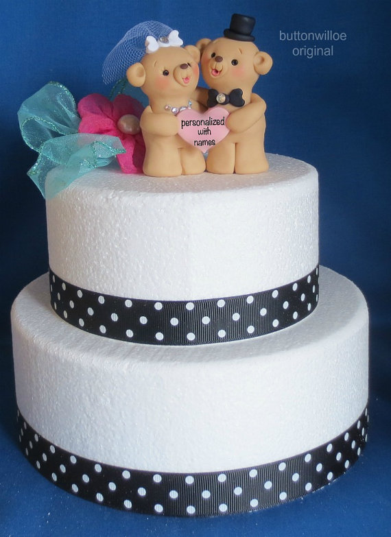 Mariage - Teddy Bear Wedding Cake Topper Personalized Heart