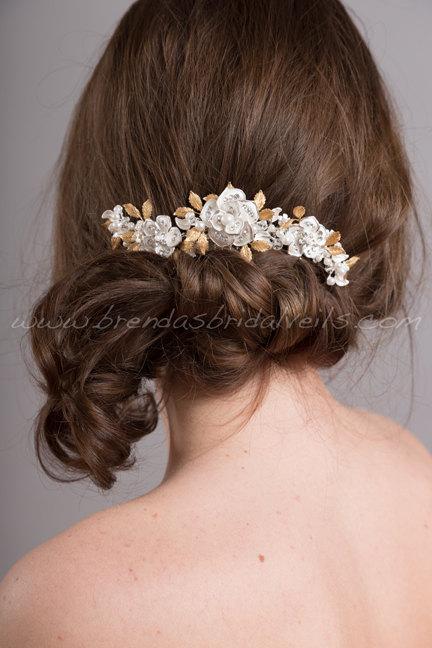 Wedding - Bridal Hair Accessory, Ivory and Gold Color Wedding Hair Comb, Pearl and Rhinestone Hair Comb - Halle