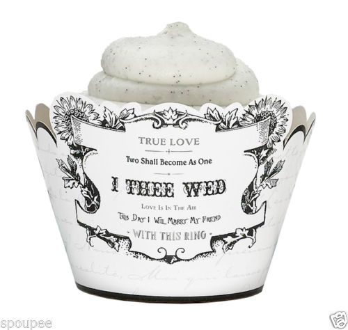 Hochzeit - 12 Cupcake Wraps Wedding I Thee Wed True Love Decoration Cake Black White Shower