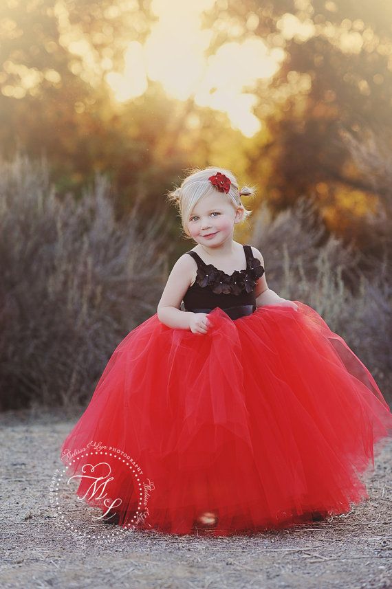 Wedding - Flower Girl Dress Red, Red And Black Flower Girl Dress, Long Tutu, Long Tulle Skirt, Black And Red Tutu Dress, Red