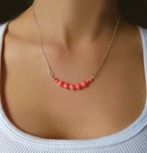Wedding - Pink Coral Necklace - Simple Strand Necklace - Dainty Petite Beach Wedding Necklace - Beaded Coral Necklace - Bridesmaid Gift Bridal Jewelry