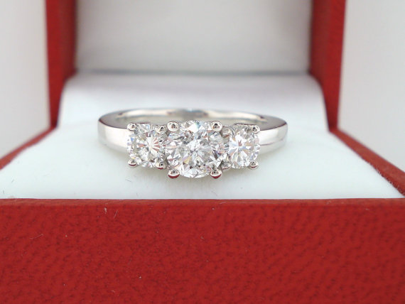 Hochzeit - Three Stone Diamond Engagement Ring 1.18 Carat 14K White Gold Certified HandMade Ring
