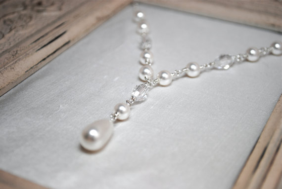 Hochzeit - Bridal Necklace, White Pearl Teardrop and Crystal Bridal Necklace, Bridal Jewelry, Wedding Jewelry, Swarovski Crystals, Shayla N271B11