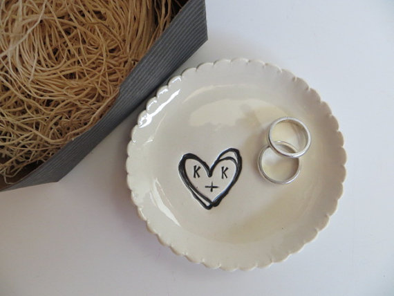 Wedding - wedding ring dish, Large ring holder, CUSTOM Ruffled You Plus Me initial tray,  Black and White,  Gift Boxed, Made to Order
