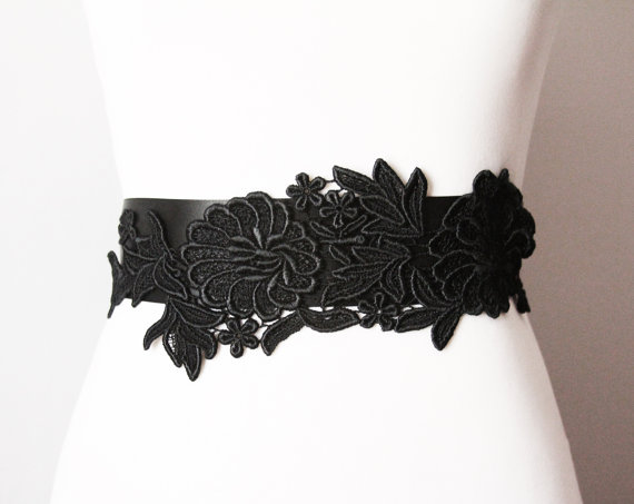 Hochzeit - Black Embroidery Lace Flower Ribbon Sash Belt - Posh Double Sided Ribbon - Bridal Wedding Dress Belts, Night Dress Sashes