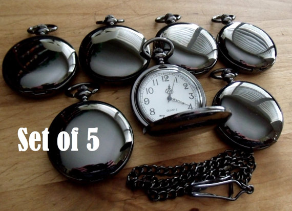 Свадьба - Set of 5 Black Quartz Wedding Pocket Watches with Chains Groomsmen Gift Clearance Pocket Watch Fast Shipping