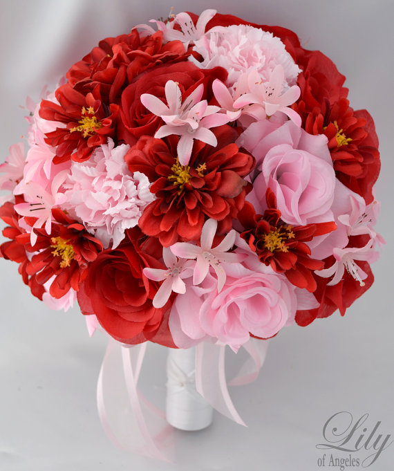 Mariage - 17 Piece Package Wedding Bridal Bride Maid Of Honor Bridesmaid Bouquet Boutonniere Corsage Silk Flower APPLE RED PINK "Lily of Angeles"