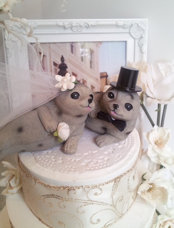 زفاف - SALE Ooak lovely seal wedding cake topper