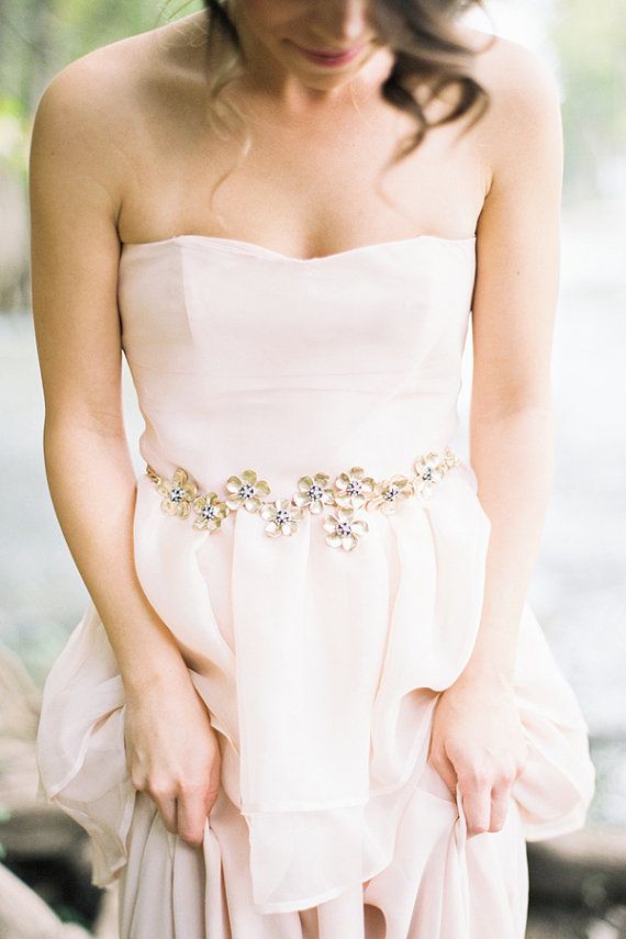 Hochzeit - Floral Gold Sash With Crystals Bridal Belt