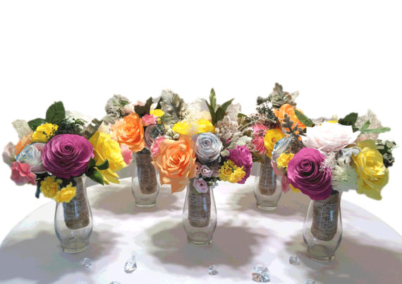 زفاف - Custom Bridal party bouquet package in pink, yellow, orange and teal handmade paper Peonies and Roses, Wedding party bouquet, Paper Bouquets