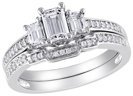 زفاف - Allura 1 CT. T.W. Emerald Cut and Round Diamond Bridal Set in 14K White Gold (GH) (I1:I2) (IGL Certification)