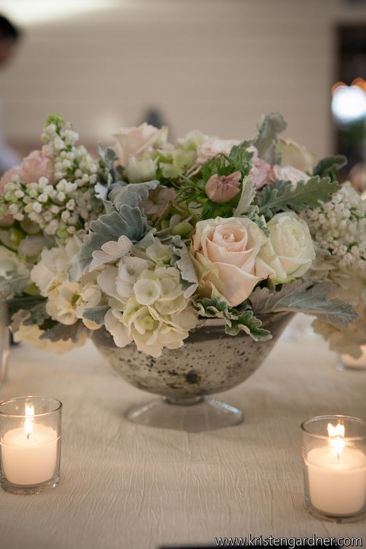 Свадьба - Hydrangea Rose And Poppy Arrangement In Mercury Glass