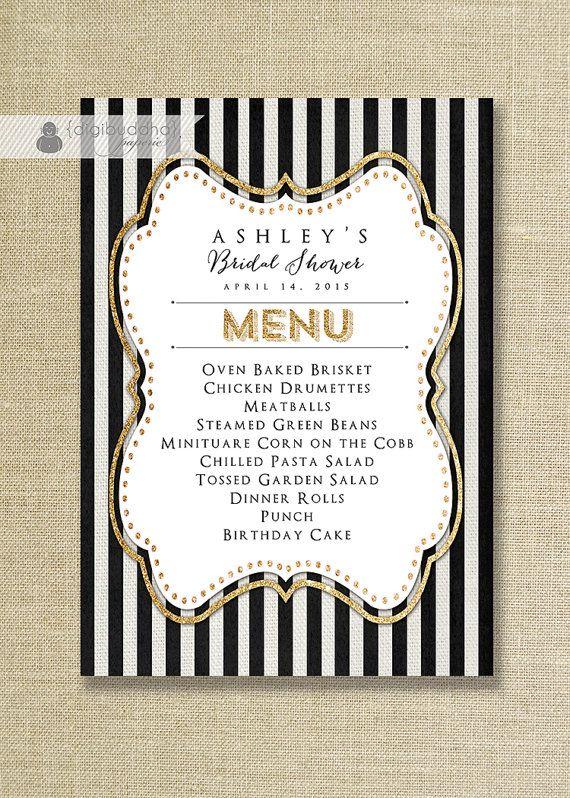 Mariage - Black & White Striped Menu With Gold Glitter Gatsby Wedding Menu Bridal Shower Hens Party Bold Modern Printable Digital Or Printed - Ashley