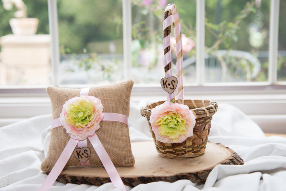 Свадьба - Ring bearer pillow &  rustic flower girl basket You personalize with choice of flower
