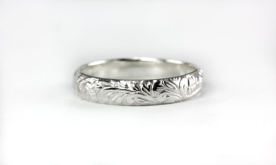 زفاف - Floral Pattern Ring Band - Wedding Band Engagement Anniversary Promise Ring - Sterling Silver or 14k Yellow Gold - Made to Order