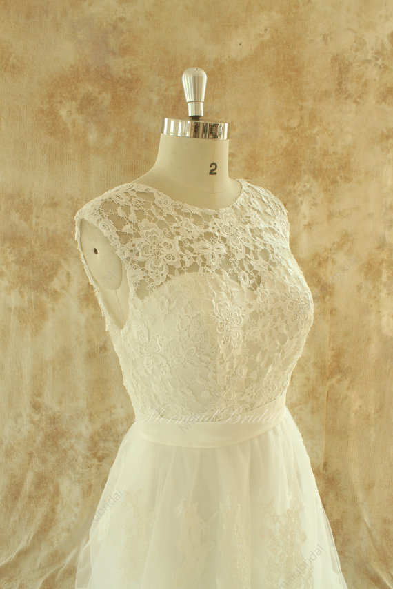 زفاف - Open back Romantic A line tulle lace wedding dress