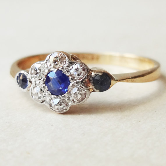 Wedding - Art Deco Sapphire Diamond Daisy Flower Engagement Ring, Diamond Platinum, Sapphire and 18k Gold Ring, Approximate Size US 7