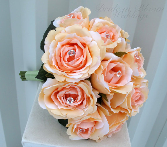 Wedding - Rose wedding bouquet Peach sage bridesmaid bouquets