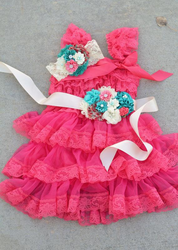 زفاف - coral ivory aqua dress sash headband SET,lace girl Dress,baby dress,Flower girl dress,First 1st Birthday Dress, girls photo outfit