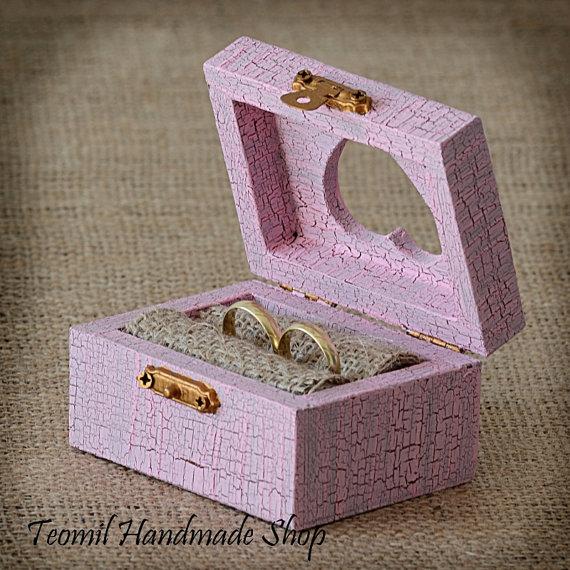 Wedding - Ring Bearer, Ring Box, Ring Pillow  in Pink Color, Wooden Box, Rustic, Vintage style,