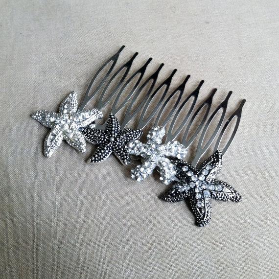 زفاف - Starfish hair comb - Beach Wedding hair accessories, beach wedding comb, silver gunmetal rhinestone crystal Bridal