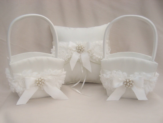 Wedding - Two Flower Girl Baskets and Ring Bearer Pillow Set Flower Girl Basket and Pillow, Shabby Chic Vintage Ivory and Cream Custom Colors too