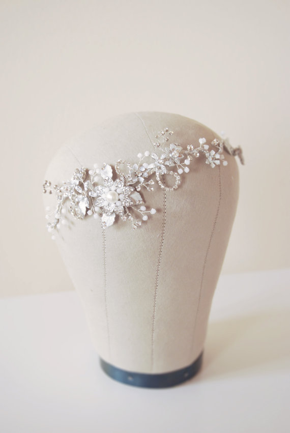 Wedding - Bridal crystal halo, beaded tiara, headpiece jewelry, wedding hair accessory, floral headband, hair vine crown, silver circlet - Ines