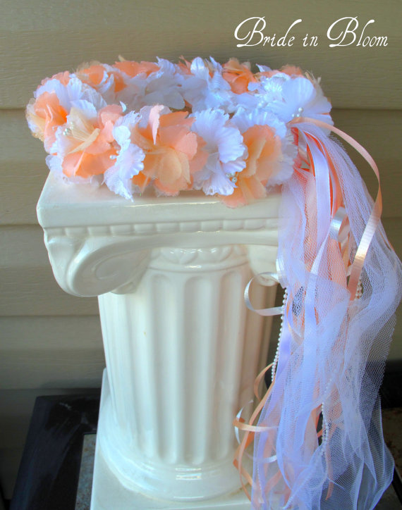 Wedding - Flower girl wreath peach white wedding hair accessories Flower girl crown communion veil