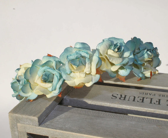 Свадьба - Blue Cream Paper Rose Floral Alice Headband Bridesmaid Flower Girl Wedding Festival