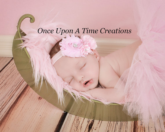 Свадьба - Light Pink Satin & Shabby Flower Headband - Spring or Summer Newborn, Toddler, Little Girls Hair Bow - Easter Hairbow - Baby's First Photos