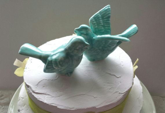 Wedding - Bird Wedding Cake Topper  Love Birds Aqua Ceramic Birds  Ceramic Bird Home Decor