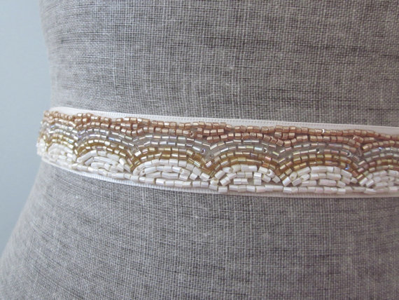 زفاف - Ivory and Gold Scallop wave beaded Wedding Sash / belt