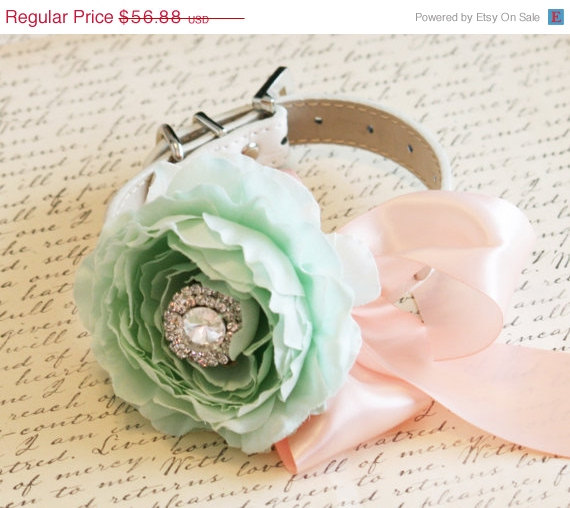 Hochzeit - Mint and Blush Floral Dog Collar,Mint Wedding Accessory, Pet Wedding Accessory, 2014 Wedding Color, Flower and Rhinestone