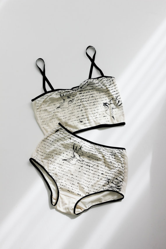 زفاف - Ivory retro High waist underwear set , Swallows print Bra & Panties lingerie set - MADE TO ORDER