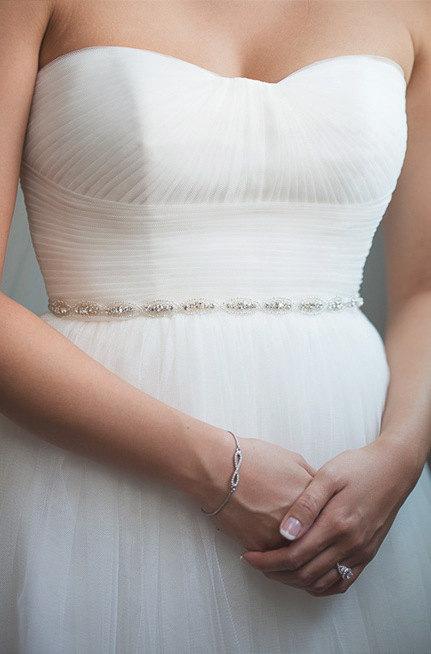 Hochzeit - Bridal beaded oval crystal sash.  Slim rhinestone wedding slim belt.  Claire.