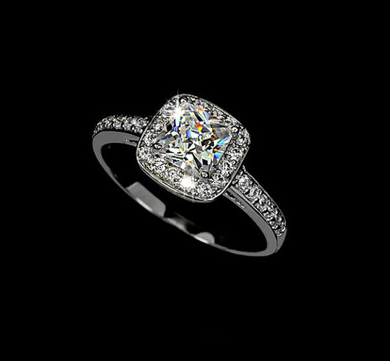 Wedding - Princess Cut 1.25 Carat Cubic Zirconia Halo Engagement Ring Wedding Ring Square Cushion Cut Accent Ring Pave, AR0013B