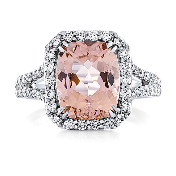 زفاف - Morganite Ring 9X11mm AAA VVS2 Cushion Cut Peach Pink Morganite Split Shank 14kt White Gold 5.64cttw Diamond Halo Engagement Wedding Ring