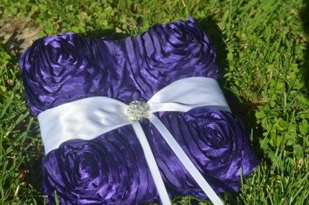 زفاف - Purple Ring Pillow- rosette Ring cushion with white sash and crystal bling center
