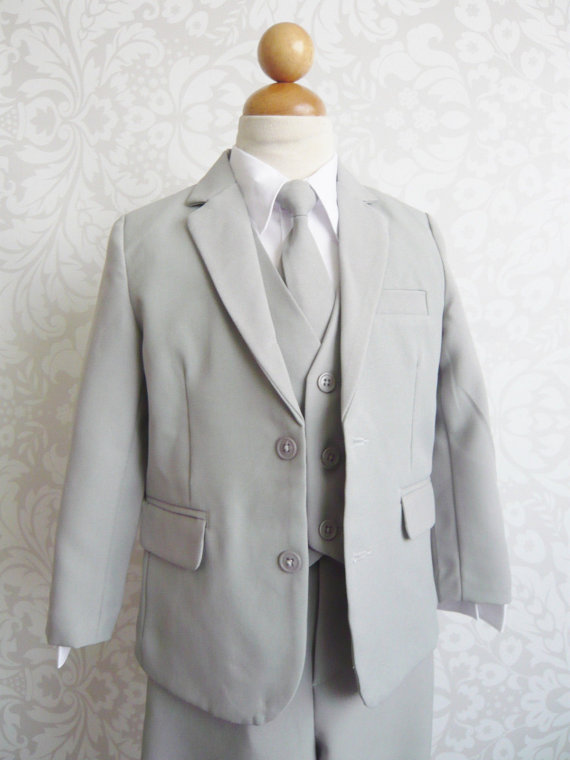 Mariage - Light Grey Gray Boy Suit Set Long Tie Flappy Ring Bearer, Page Boy, Communion, Wedding Size 2, 4, 6, 8 Baby Toddler Infant